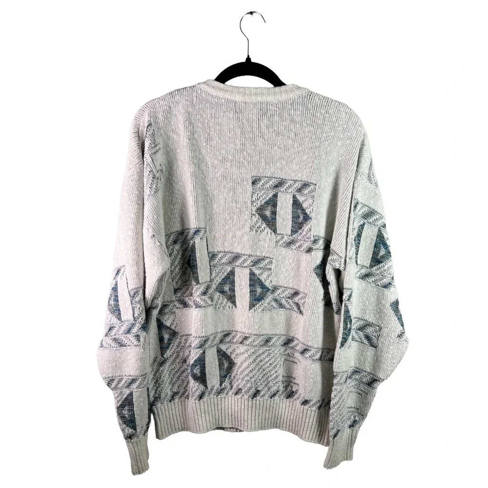 Vintage London Fog Mens Large Geometric Knit Sweater Made in USA 90s Cream Blue